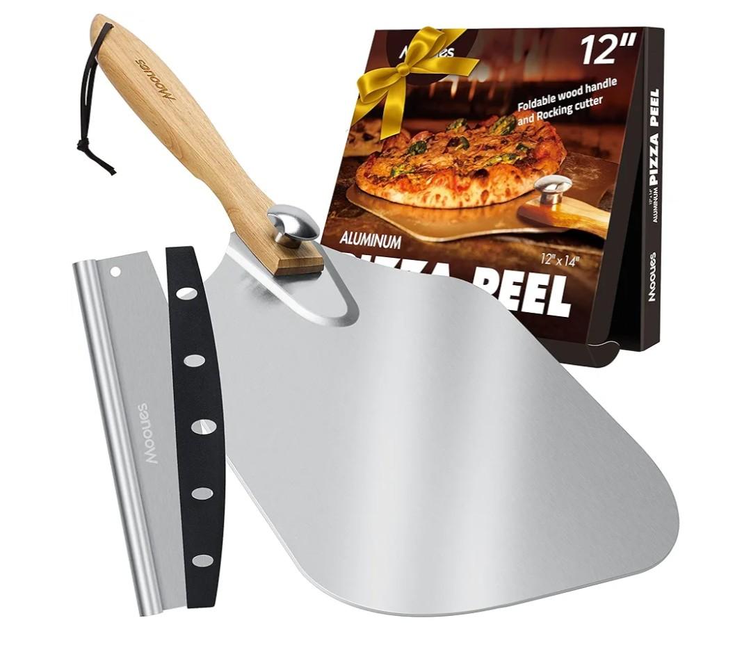 Pizza Peel Aluminum Pizza Spatula, Mooues 12 inch Metal Pizza Paddle(12"x 14")with Rocker Cutter Foldable Wood Handle, [Storage bag included], for Family Pizza Oven Baking Pizza, Dough, Bread & Pastry