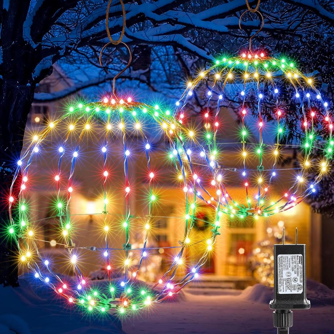 Flacchi Set of 2 Christmas Hanging Ball Lights - 2 Sizes of Connectable Hanging Tree Globe Fairy Lights with 8 Lighting Modes,Timing Function Waterproof Indoor Outdoor (Multicolor)