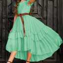 HOSIKA Girl School Party Dress Flower Lace High Low Ruffle Flowy Maxi Dress (M)
