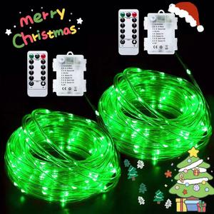 JMEXSUSS 2 Pack Green Christmas Lights Battery Operated Rope Lights Outdoor Waterproof, Each 33 ft 100 LED Battery Powered String Lights with Remote, Green Lights for Tree Garden Christmas Decor