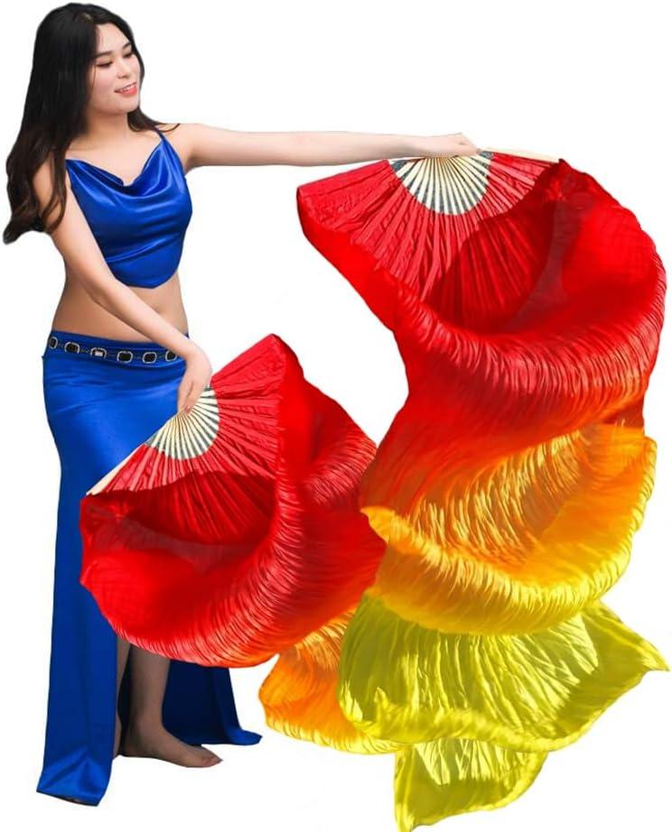 Nimiman Women 1 Pair (Left+Right) Silk Belly Dance Fans Veil Belly Dancing Long Folding Fans Length 180 cm Width 90 cm (Red Orange Yellow)