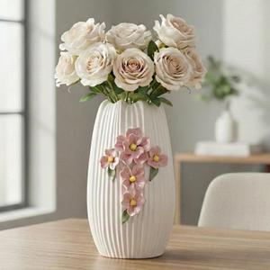 Ceramic Flower Vase - 9 Inch White Modern Vase for Pampas Grass, 3D Floral Vase for Living Room, Kitchen, Easter Table, Dining Room, Table Decor