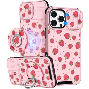 Buleens for iPhone 16 Pro Case 6.3 Inch - with Ring Stand & Camera Cover Aesthetic Cute Designed for Women Girls Pretty Girly Kawaii Strawberry Phone Case for iPhone 16 Pro Compatible with Magsafe (Cute Strawberry)