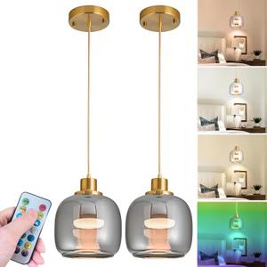 2 Pcs Battery Operated Pendant Light,Battery Ceiling Light With 10000 mAh RGB Rechargeable Light Bulbs 50 hrs Run Time,Glass Hanging Light with Remote Control For Kitchen Island,No Wiring Required