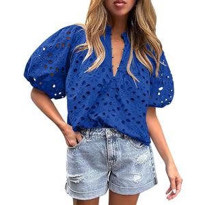 BETTE BOUTIK Women's Long Short Sleeve Tops 2025 Dressy Casual Button Hollow Out Lace Embroidered Blouses Shirts (Blue, XL)