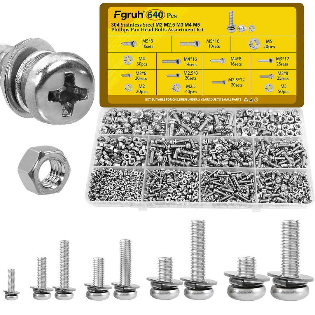 Fgruh 640PCS Machine Screws Assortment Kit, M2 M2.5 M3 M4 M5 Phillips Pan Head Bolts and Nuts Assorted Set, 304 Stainless Steel Metric Combination Screw with Fixed Washers (All-in-One Design)