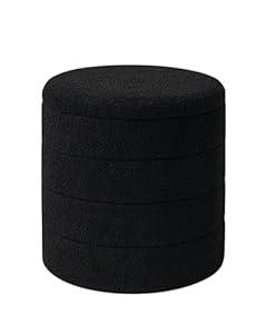 ZOLANOful 18" Tall Round Boucle Storage Ottoman, Sherpa Teddy Fabric Ottoman Footstool with Wooden Tray Reversible Lid, Folding Footrest with Storage for Living Room, Bedroom, Dorm, Black