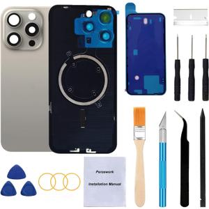 Rear Back Glass Replacement for iPhone 15 Pro Max 6.7-inches + Pre-Installed Plate and Camera Frame and lens + Repairing Tool Kit (Natural Titanium)