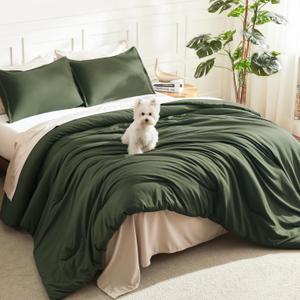 Litanika Dark Olive Green Comforter Set Queen, 3 Pieces Solid Bedding Comforter Set, All Season Fluffy Bed Set (90x90In Comforter & 2 Pillowcases)