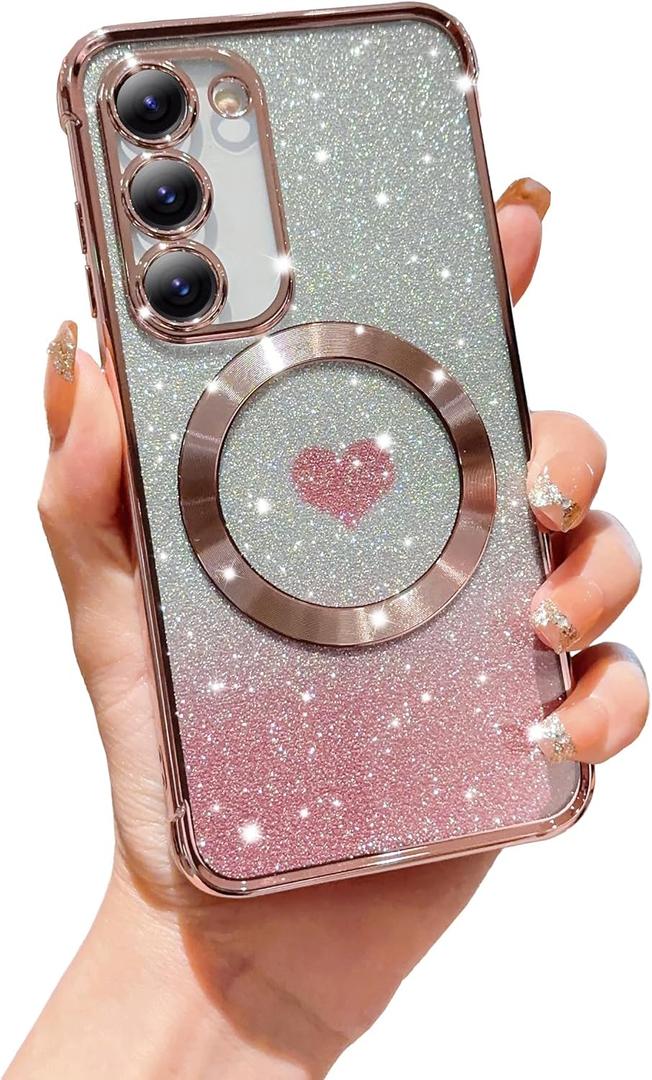 FABSPARK for Samsung Galaxy S25 Phone Case, Compatible with Magsafe, Magnetic Plating Glitter Gradient Cute Heart Clear Case, Camera Protection for Samsung Galaxy S25, Pink