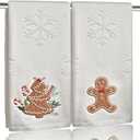 2 Pack Christmas Gingerbread Hand Towels 100% Cotton Jacquard Snowflake Embroidered Candy holiday Kitchen dish Towels Retro Neutral Beige Bathroom Towels Set gift Seasonal Xmas Winter Bathroom Decor