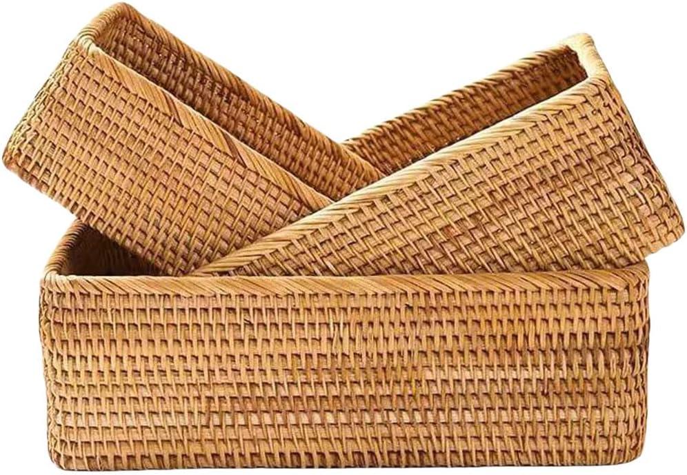 Rattan Storage Baskets, Wicker Baskets for Organizing, Hand Woven Fruit Basket, Decorative Baskets for Kitchen Counter, Living Room, Bathroom, Set of 3 (Rectangular)