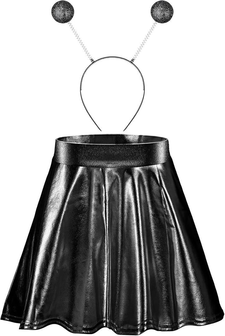 Sintege Halloween Alien Headband and Metallic Flared Pleated Skater Skirt for Halloween Costumes Supplies (Black, L)