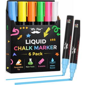 Mr. Pen- Liquid Chalk Markers, 6 Pack, Reversible Tip, Vibrant Colors, Erasable Chalk Marker, Non-Toxic Water-Based Chalkboard Markers for Window and Glass, Washable Window Paint Marker