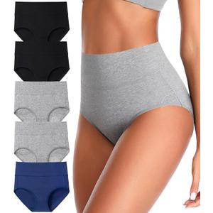 ASIMOON Tummy Control High Waisted Underwear for Women Cotton Plus Size Full Coverage Panties Ladies Briefs (Large, K-multicoloured-5 Pack)