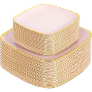 bUCLA 100PCS Pink Plastic Plates - Heavy Duty Square Pink and Gold Disposable - Include 50 Dinner 10 inch & 50 Dessert 7.25 inch Plates for Party, Weeding & Easter