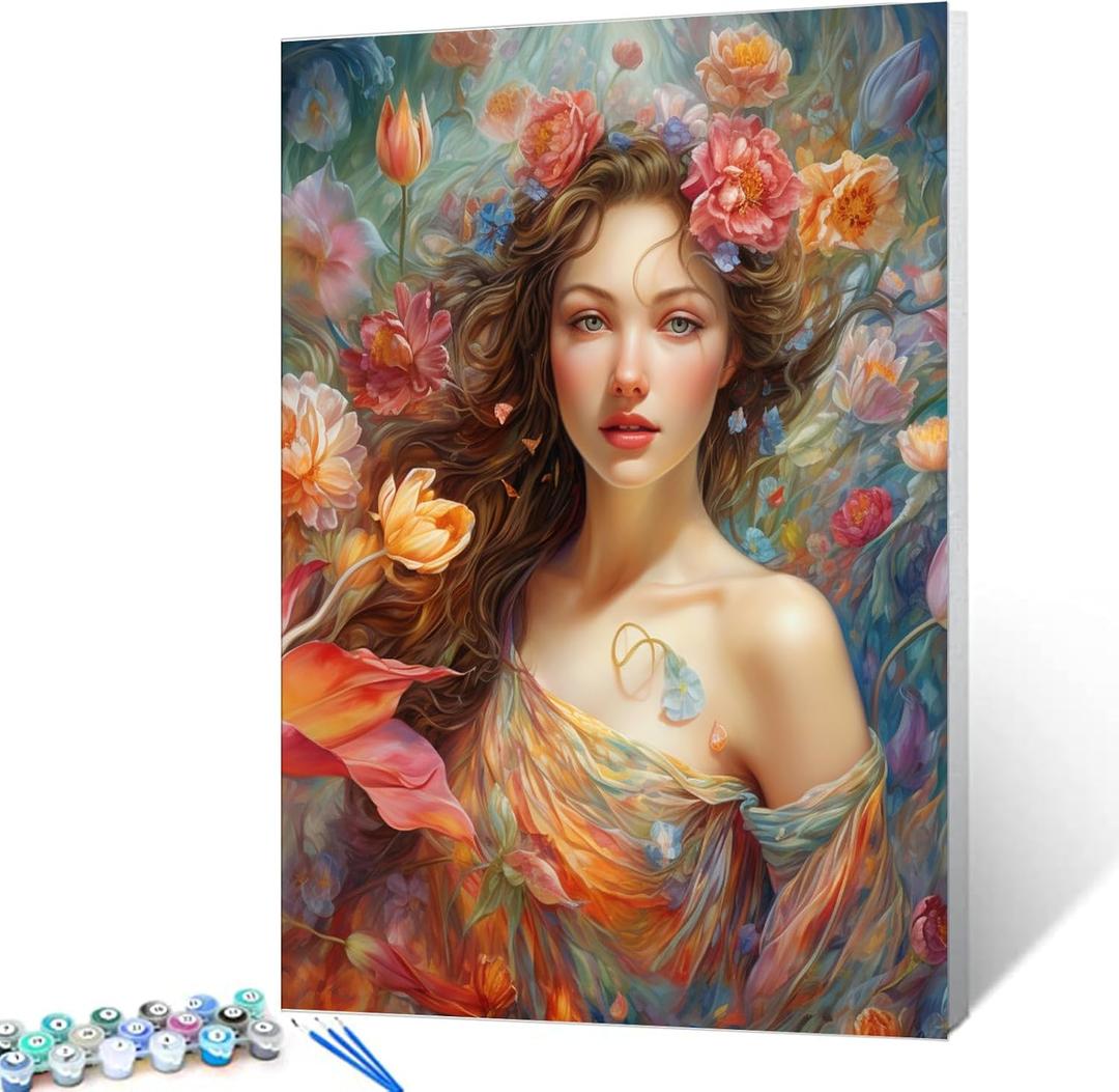 Romantic Pink Rose Paint By Bumbers for Adults Beginner America Girl with Flower Head DIY Paint by Numbers Acrylic Paint Canvas Boho Floral Paintwork Farmhouse Bedroom Decor Kits Gift(16x20 Inch) (Artwork-05)