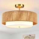 Boho Semi Flush Mount Ceiling Light Rattan Ceiling Light 18" Farmhouse Ceiling Lamp with Natural Hemp Rope Fabric Lampshade for Dining Room Living Room Bedroom Kitchen, Size: 18" Hemp Rope&Fabric