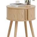 ZttRiee Side Table with Sliding Door & Cabinet, End Table for Living Room, Night Stand for Bedroom, Modern Bedside Table with Solid Wood Legs, Natural