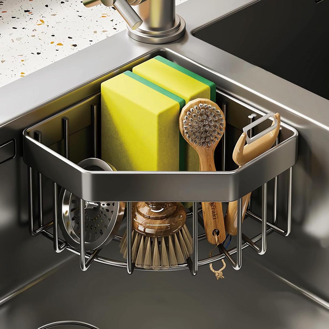Kitchen Sink Caddy Corner Sponge Holder, CIT ZCFYU Adhesive Stainless Steel Dish Sponge Holder,Dish Cloth Hanger Kitchen Sink Organizer Soap Storage Rack for SpaceSaving Storage(not for Rounded) Grey