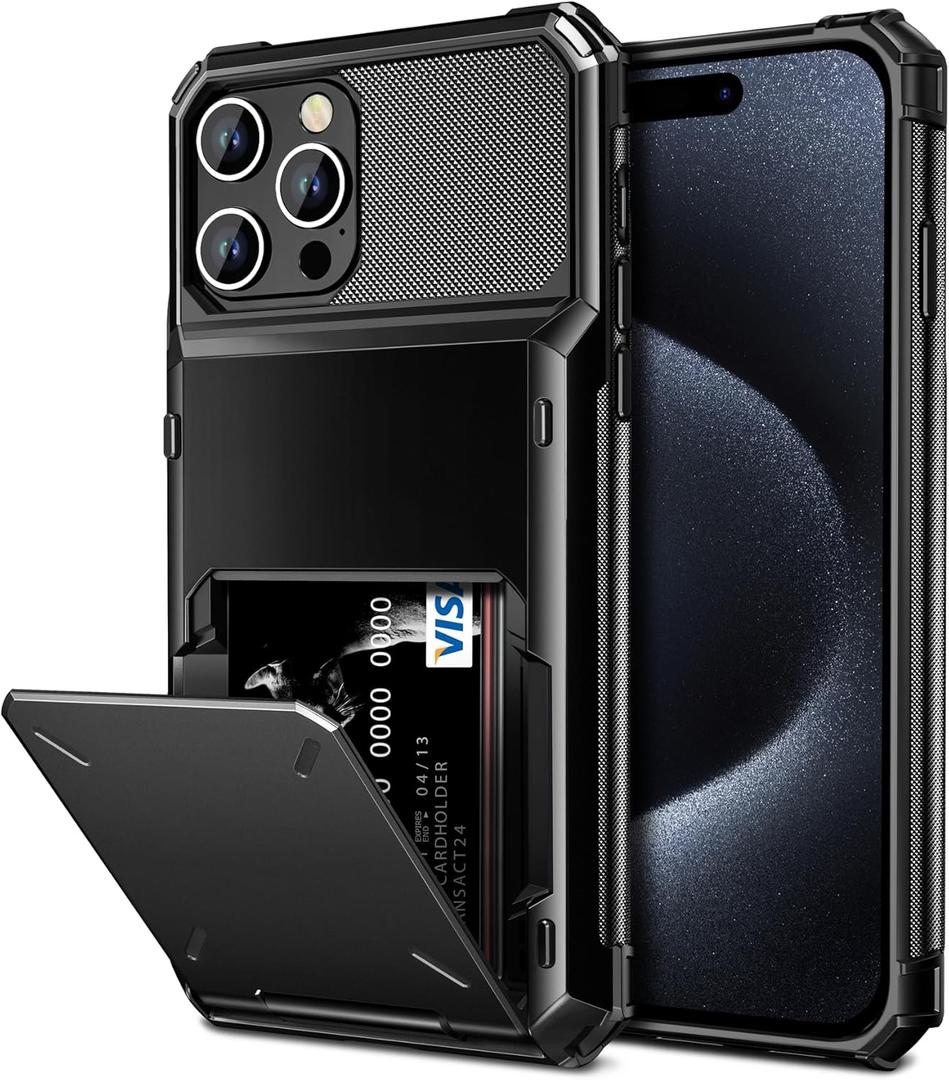 Vofolen for iPhone 15 Pro Max Case with Card Holder, 4-Card Dual Layer Heavy Duty Shockproof Wallet Case, Hidden Flip Card Slot Protective Hard Back Cover for iPhone 15 Pro Max, 6.7'' Black