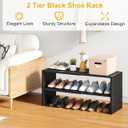 Black Shoe Rack Organizer for Closet, 2-Tier Expandable Shoe Shelf, Stackable Iron Wood Combination Small Shoe Racks Shelves for Closets, Entryway,Small Space,Hallway,Garage,6-12 Pairs