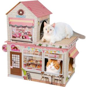 Cardboard Cat Houses for Indoor Cats - Kitten Scratcher Houses & Condos, Donuts Themed Hut Hideout Play House Bed with Scratching Pads, Scratch Box for Large Kitty Rabbit Bunny Small Animals