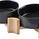 SPUNKYJUNKY 15 Slanted Ceramic Dog and Cat Bowl with Wooden Stand, Tilted Bulldog Food and Water Bowl No Slip Non-Spill for Cats Medium Dogs Big Face Pets 13.5 OZ (1.7 Cups, Black  2)
