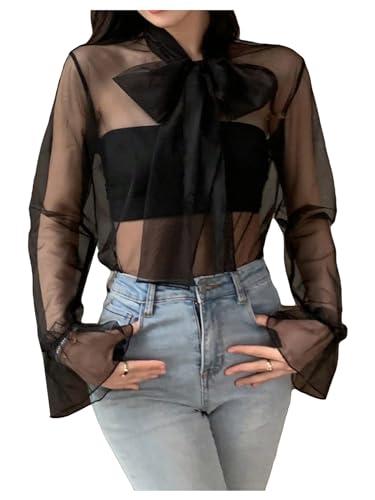 GORGLITTER Women's Sheer Mesh Bow Tie Front Work Blouse See Through Flare Long Sleeve Business Shirt Top Black, Size: XL