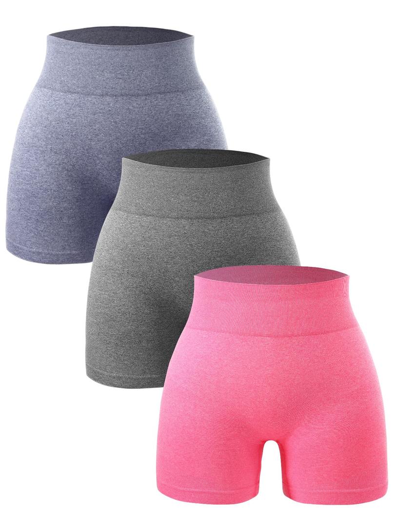 SPICE UNION 3 Piece Workout Shorts Womens for Running Yoga Biker Gym High Waist Spandex Ribbed Seamless Athletic Leggings(S010S-SlanHuiHong) (S)