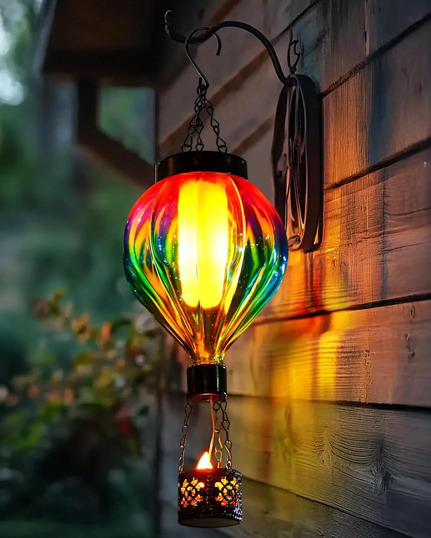 Hot Air Balloon Hanging Solar Lantern Outdoor Waterproof with Flickering Flame Gifts for Women Grandma Mom Glass Hanging Solar Lights Decorative for Outside Wall Front Porch Yard Garden Fence (Pink & Blue)