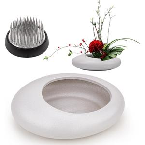 Folmywy Ikebana Flower Frog Vase Kit Japanese Flower Arrangement with 1.57 Inch Kenzan Ceramic White Pebble Shaped Bowl for Ikebana Teaching Aids Art Supplies Home Decor (5.51x4.13in)