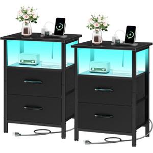 Vagusicc Nightstands Set of 2, Bedside Tables with Charging Station & LED Lights, Black Night Stands with 2 Fabric Drawers, End Table with Storage Shelf, 24.2" Tall Bed Side Table Set of 2 for bedroom