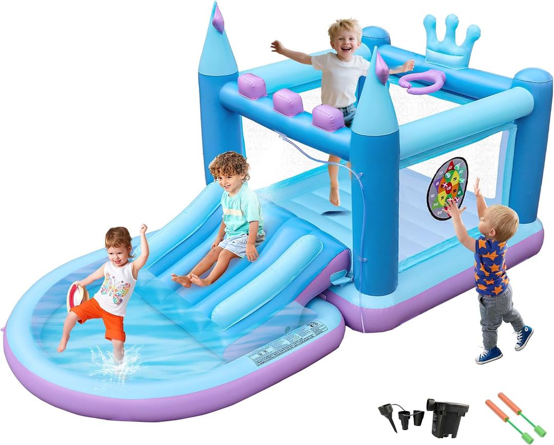 Outdoor Inflatable Water Park for Kids, PVC Water Slide Bounce House, Basketball Hoop, Ball Pit, Rings, Target Game, Jumping Castle with Blower, 133" L x 70" W x 65" H