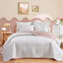 Joyreap 3 Pieces Cotton Quilt Set for Girls, Queen Size Pink Flower Stripes Boho Design for Girls, Cozy Lightweight Quilt Bedspread Bed Cover for All Season- 90x90 inches