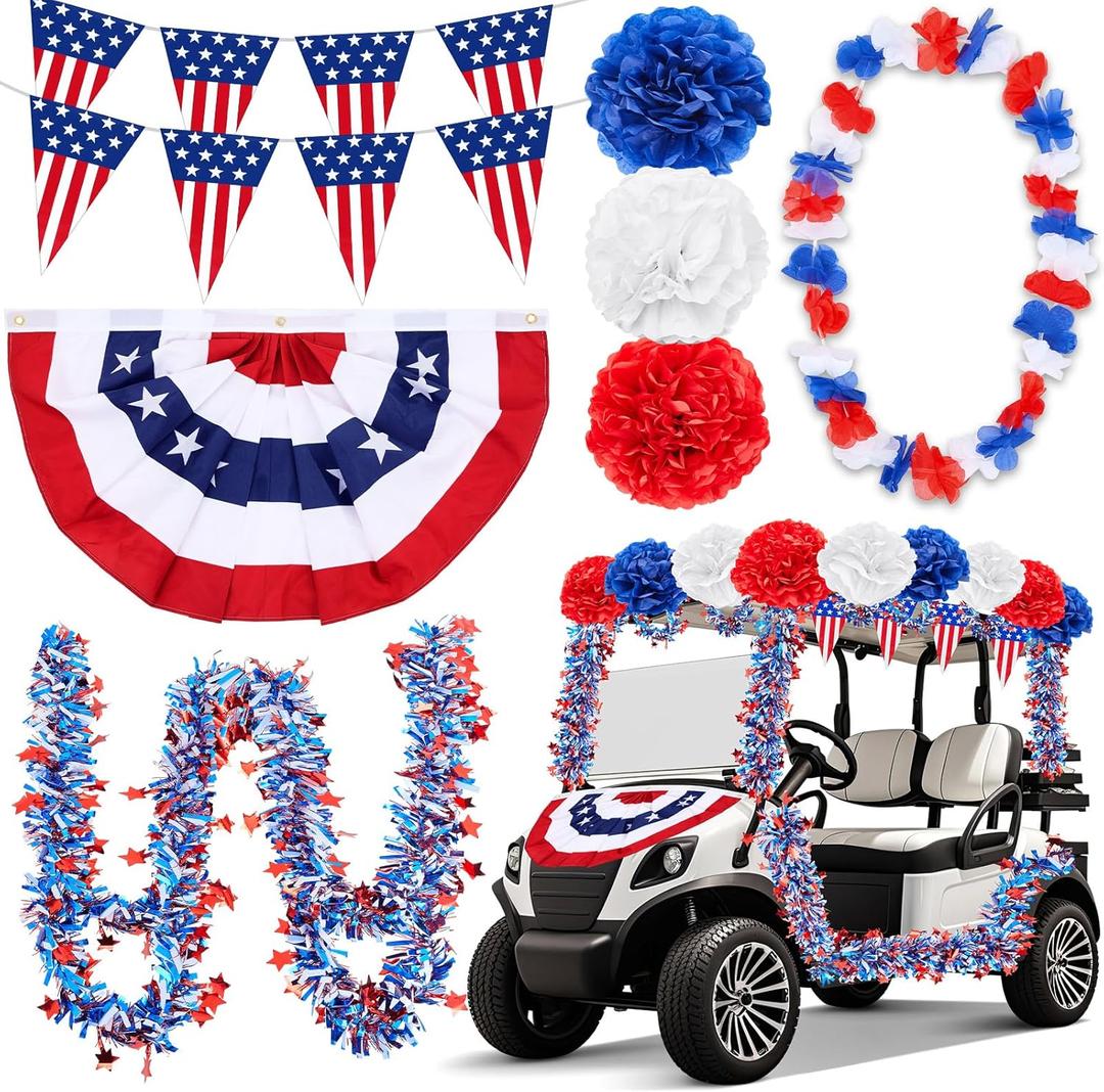 33 Pcs 4th of July Golf Cart Decoration Kit, Patriotic Parade American Fan Flag Tinsel Garland Tissue Paper Pompoms for Independence Day Memorial Day Decoration