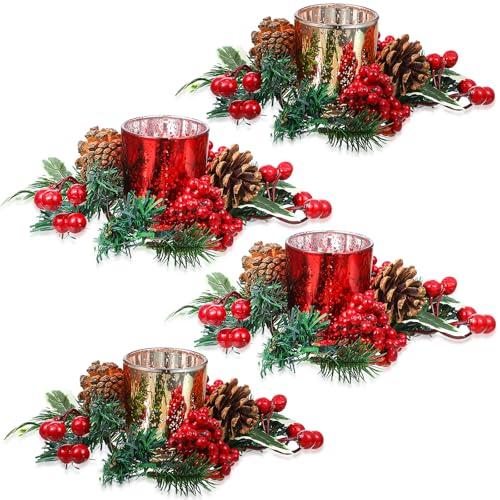 Ceenna Set of 8 Christmas Candle Rings Wreaths Pine Cones Garland Red Berry Poinsettia Pine Garland Candle Ring Holder for Christmas Wedding Home Table Centerpiece Party