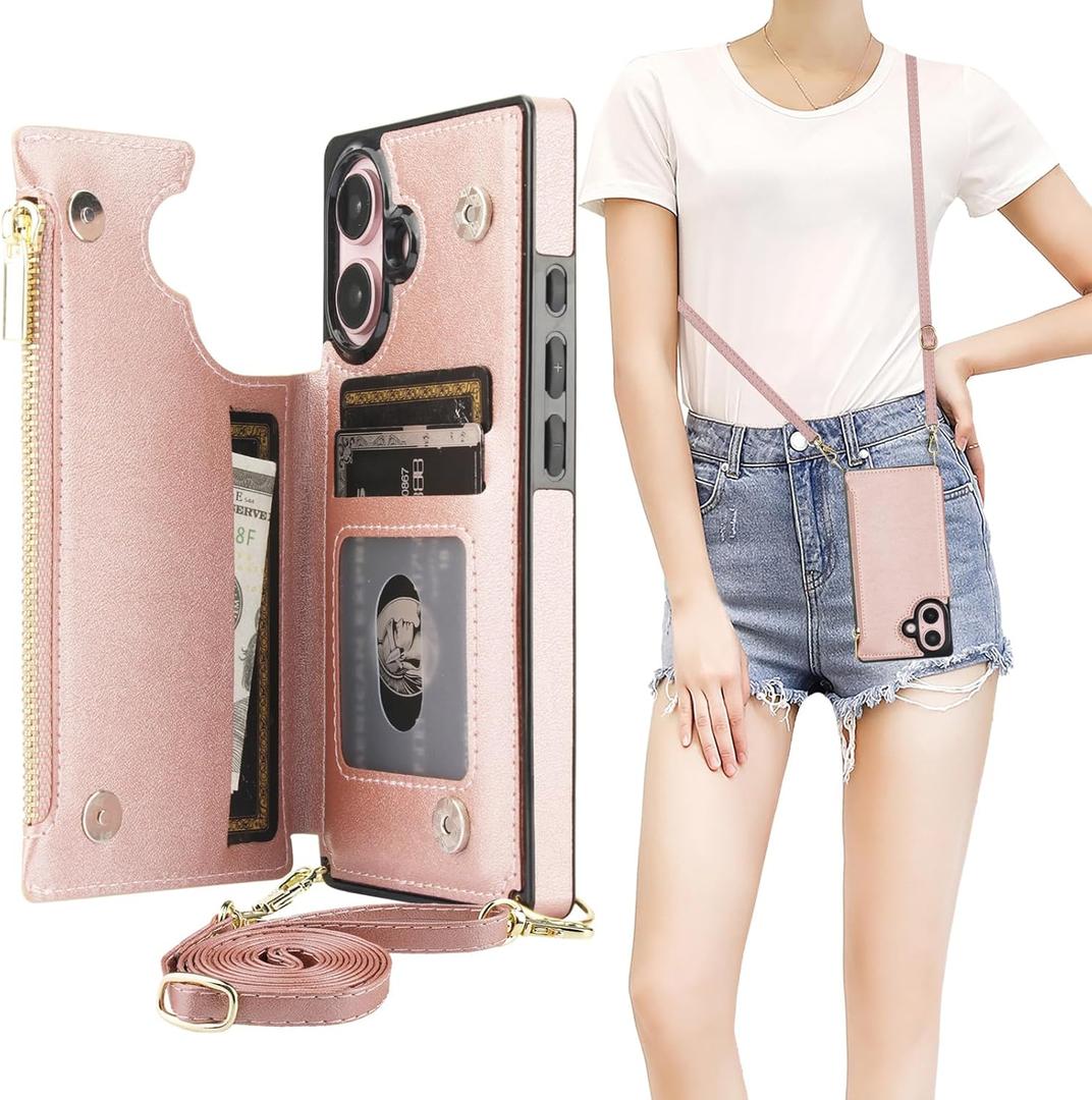 Bocasal Crossbody Wallet Case for iPhone 16 with RFID Blocking Card Slot Holder, Magnetic Flip Folio Purse Case, PU Leather Zipper Handbag with Detachable Lanyard Strap 6.1 Inch 5G (Rose Gold)