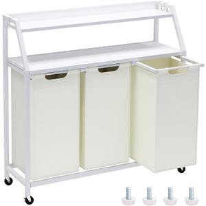 Laundry Hamper, Laundry Sorter 3 Section, Rolling Laundry Basket with Wheels, 2 Shelves, 3  14.5 Gal, Pull-Out and Removable Oxford Fabric Bags, for Laundry Room, White and Beige