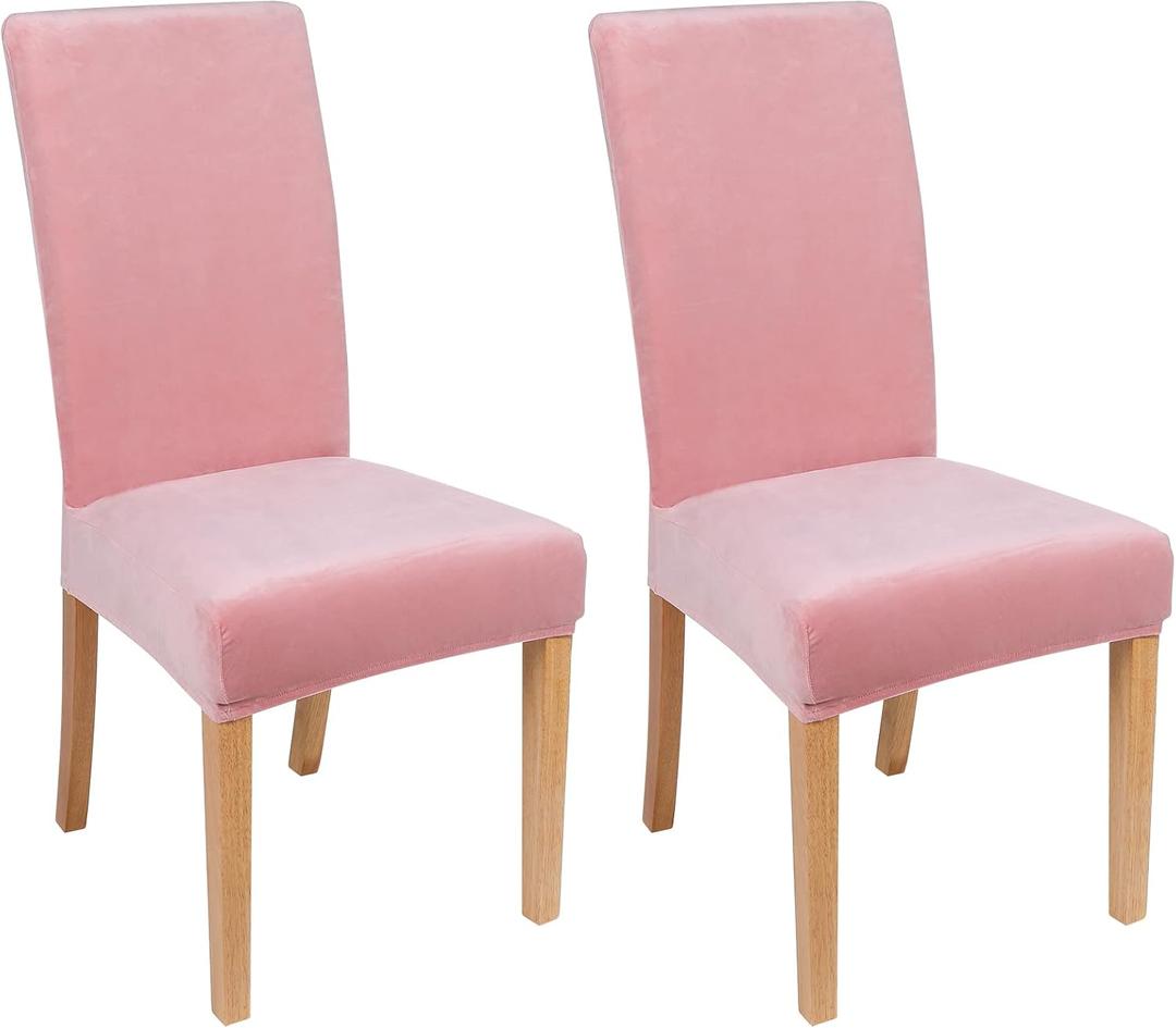 Smiry Velvet Stretch Dining Room Chair Covers Set of 2, Soft Removable Washable Chair Slipcovers Kitchen Parsons Chair Protector, Pink