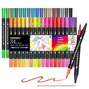 Piochoo Coloring Markers Pens, 34 Dual Tip Brush Pens, Fine Point Marker set for Adult Coloring Book, Bullet Journaling, Drawing