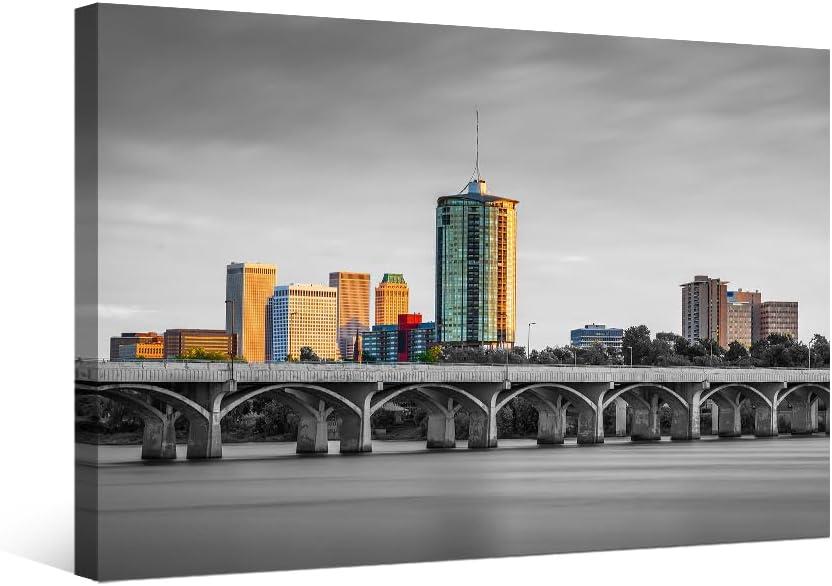 Tulsa Oklahoma Skyline Black and White Wall Art Night Downtown Cityscape Posters Prints on Canvas 1 Piece Wall Paintings Wall Art for Living Room Bedroom Bathroom Framed Ready to Hang 16X24 INCH