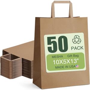MESHA Kraft Paper Bags 10x5x13 Inch 50 Pack Brown, Large Shopping Paper Bags with Handles Bulk for Small Business, Gift Bag Retail Recycled Birthday Wedding Party Favors