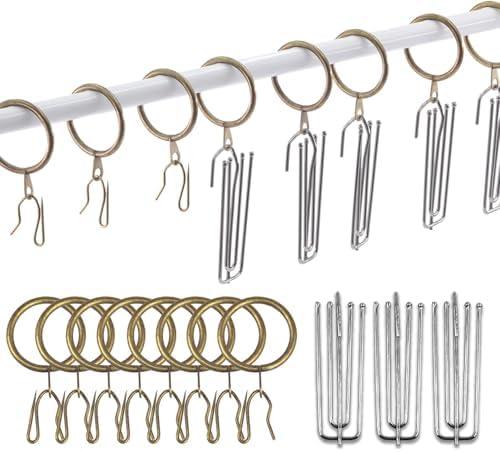 120 Pcs 1.5 Inch - 38mm Antique Brass Metal Drapery Curtain Rings Curtain Hanging Rings and Stainless Steel 4 Prongs Pinch Pleat Hook with Drapery Curtain Pin-on Hooks Pins for Bathroom, Living