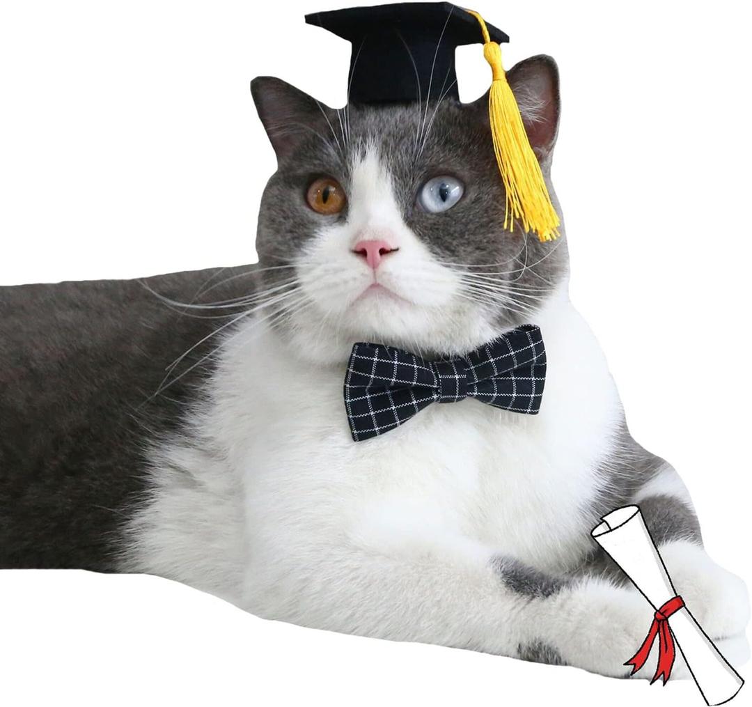 2 x FLAdorepet Dog Graduation Caps with Bow Tie Necktie Pet Graduation Hats with Yellow Tassel Cat Graduation Costume Outfits Accessory for Dogs Cats (S(Suit for 5-20LBS), Black)