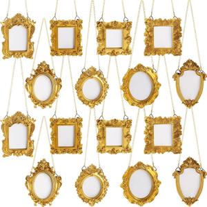 Chunful 16 Pcs Vintage Small Gold Resin Picture Frame Mini Antique Photo Frame Tiny Vintage Baroque Resin Oval Rectangle Hanging Ornament with Back and Chain for Home Wedding Holiday Decor