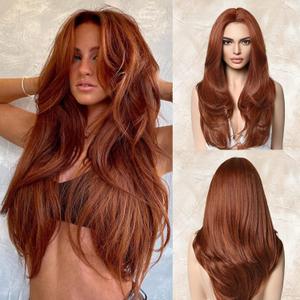 LONAI Copper Red Wigs for Women 24" Long Red Middle Part Layered Wig Synthetic Hair Wig for Daily Use Party Cosplay