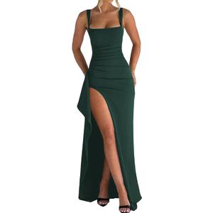 ABYOVRT Women Formal Dresses Sleeveless Bodycon Ruched High Slit Sexy Maxi Dress Cocktail Prom M