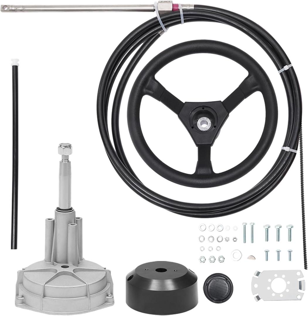 16 FT Outboard Rotary Steering System Kit 16FT Boat Control Cable With 12.5 Inches Wheel Durable Marine Steering System Replacement for Mechanical/Manual Steering of Yachts, Fishing Boats