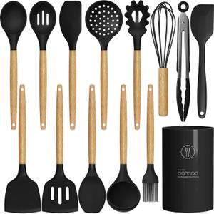 Silicone Cooking Utensils Set Utensil Sets - 446F Heat Resistant Silicone Kitchen Utensils Set Wooden Handles, Silicone Utensils for Cooking w Holder for Non-Stick Cookware BPA FREE (Black)